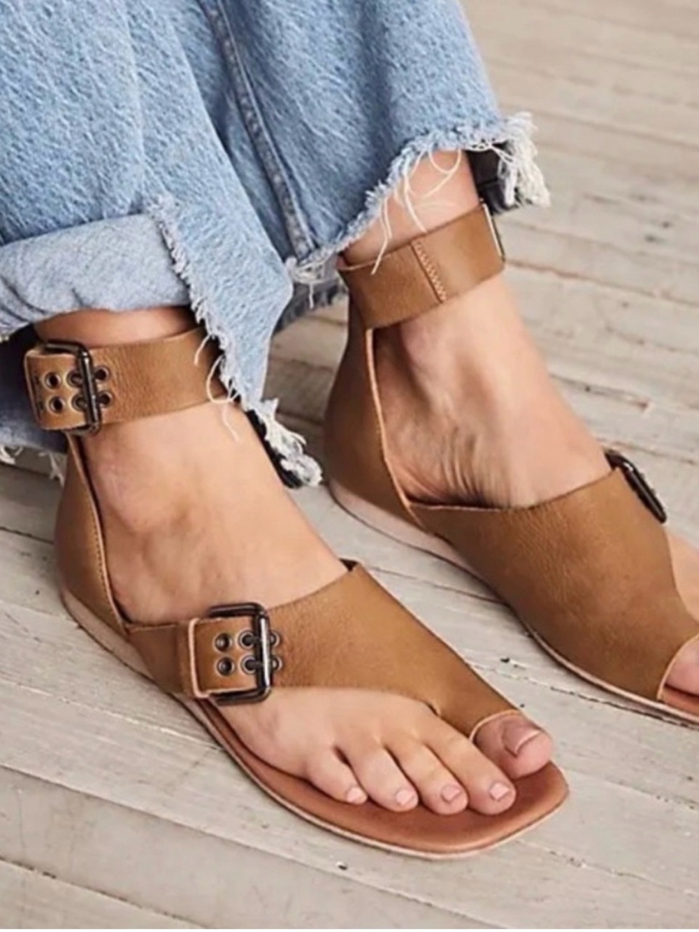 Free People Marco Boot Sandal Women’s Leather Ankle Strap Toe Loop Flat TanSz 40